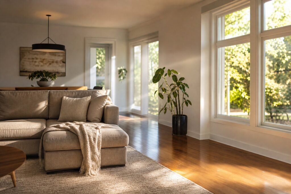 Sunlit living room with hardwood floors and a sofa protected by UV window film
