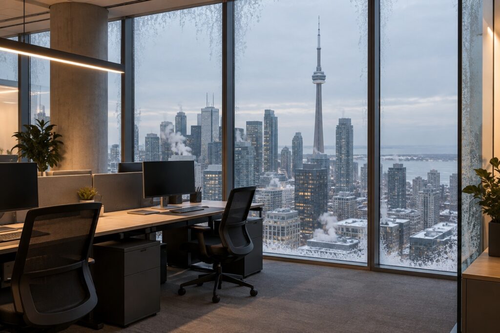 Toronto office with floor-to-ceiling windows in winter, a candidate for commercial window film